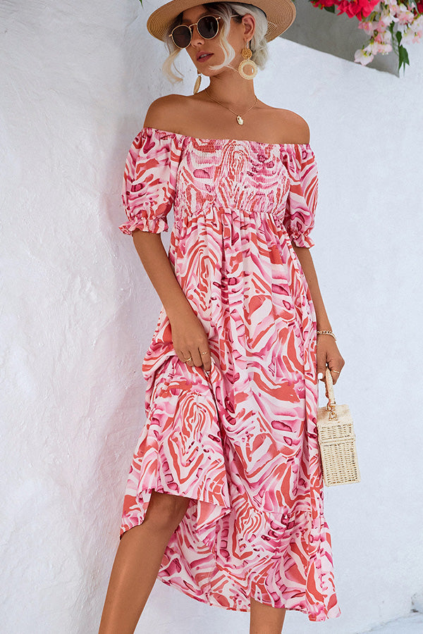 Smocked Print Off The Shoulder Midi Dress Beachsissi