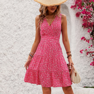 Fashion V Neck Floral Print Sleeveless Dress