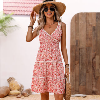 Floral Print V Neck Patchwork Casual Dress