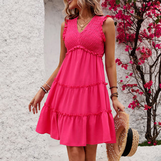 Fashion Solid Smocked V Neck Frill Casual Dress