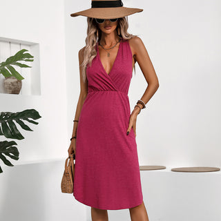 Fashion V Neck Solid Color Casual Dress