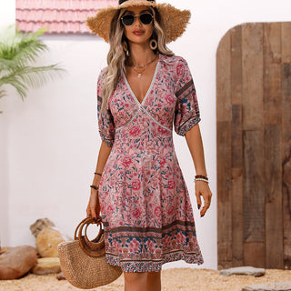 Bohemia Print V Neck Patchwork Dress