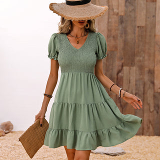 Smocked Solid Color V Neck Casual Dress