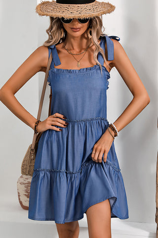 Solid Color Tie Shoulder Frill Casual Dress