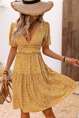 Fashion Floral Print V Neck Casual Dress