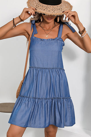 Solid Color Tie Shoulder Frill Casual Dress