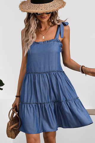 Solid Color Tie Shoulder Frill Casual Dress