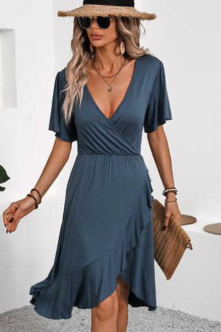 V Neck Ruffle Hem Solid Casual Dress