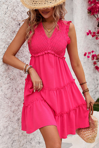 Fashion Solid Smocked V Neck Frill Casual Dress