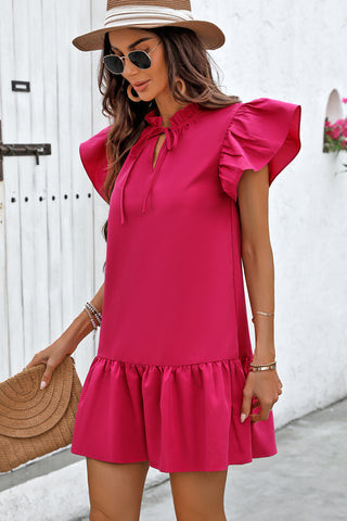 Ruffle Sleeve V Neck Solid Dress