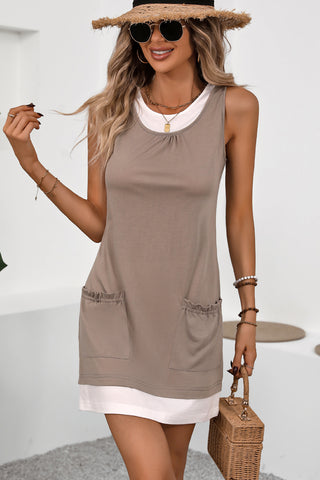 Color Block Round Neck Casual Mini Dress