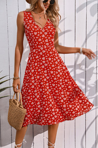 Floral V Neck High Waist Midi Dress