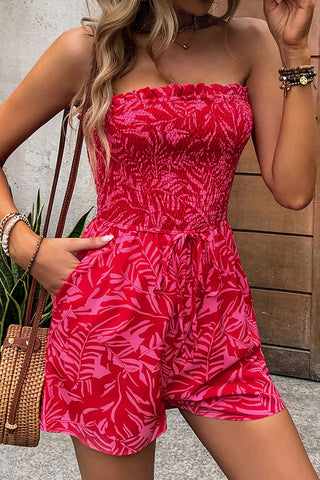 Fashion Floral Smocked Chest Bandeau Solid Color Rompers