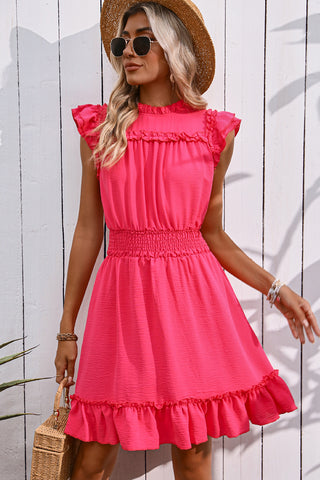 Smocked Waist Solid Color Ruffle Hem Mini Dress