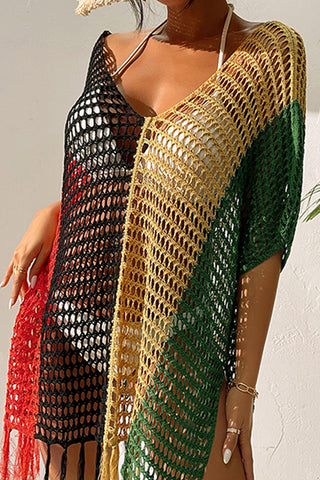 Fashion Color Block Knitted Swimsuit Cover Up