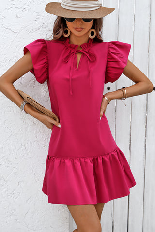 Ruffle Sleeve V Neck Solid Dress