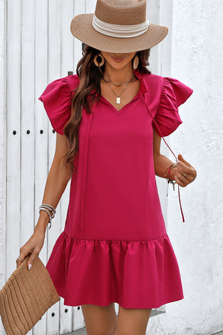 Ruffle Sleeve V Neck Solid Dress