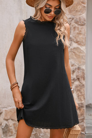 Scalloped Round Neck Solid Mini Dress