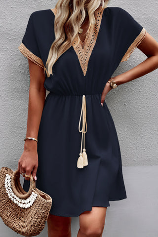 V Neck Drawstring Waist Mini Dress