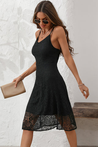 Lace Panel Solid Black Midi Dress