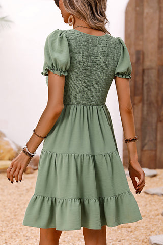 Smocked Solid Color V Neck Casual Dress