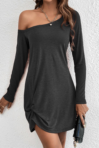 Long Sleeve Skew Neck Solid Casual Dress