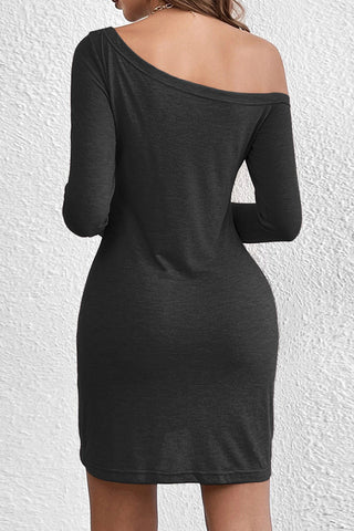 Long Sleeve Skew Neck Solid Casual Dress