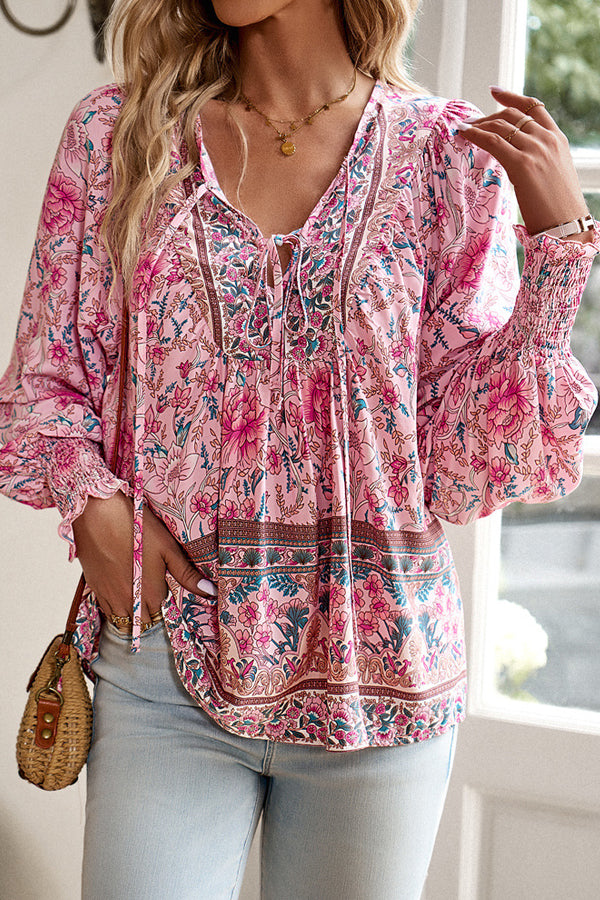 V Neck Floral Print Long Sleeve Casual Tops – Beachsissi