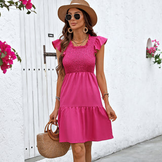 Solid Smocked Round Neck Frill Casual Dress