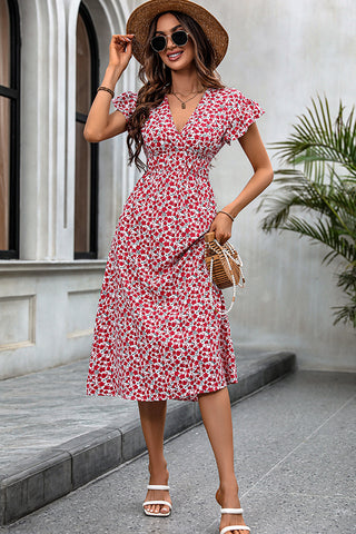 Floral Print V Neck Frill Casual Dress