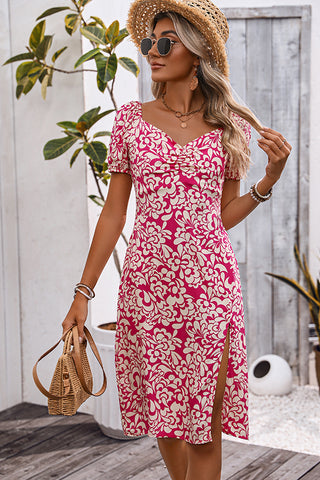 Floral Print V Neck Short Sleeve Casual Dress