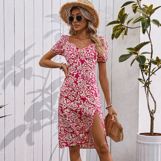 Floral Print V Neck Short Sleeve Casual Dress