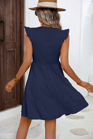 V Neck Solid Smocked Ruffle Hem Mini Dress