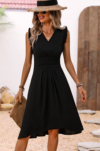 Solid Black V Neck Frill Casual Dress