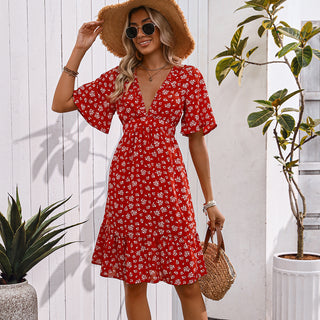 Floral Print V Neck Casual Mini Dress