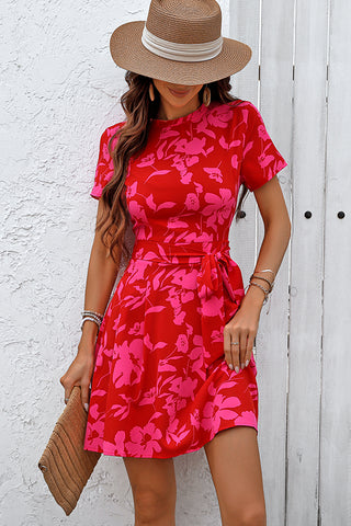 Floral Print Round Neck Tie Waist Casual Dress