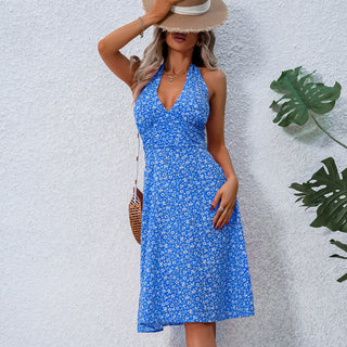 Fashion V Neck Floral Print Halter Neck Dress