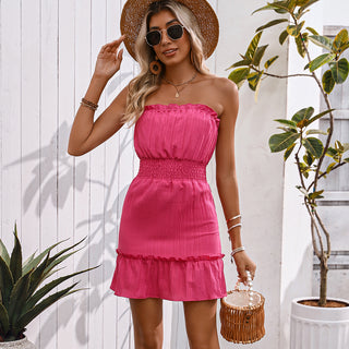 Fashion Bandeau Solid Frill Ruched Dress