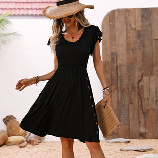 Fashion V Neck Solid Black Casual Dress