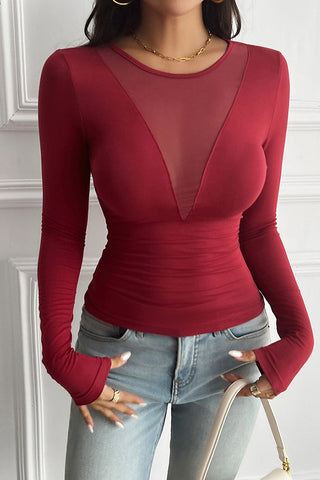 Mesh Patchwork Long Sleeve Casual Tops