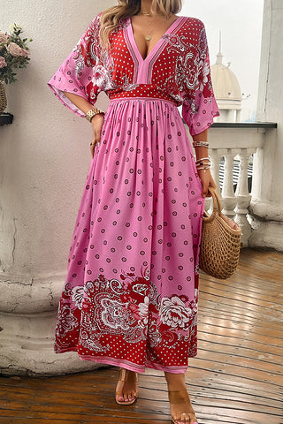 Fashion V Neck Floral Print Maxi Dress