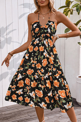 Floral Print Halter Neck Sleeveless Casual Dress