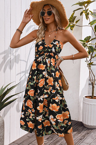 Floral Print Halter Neck Sleeveless Casual Dress