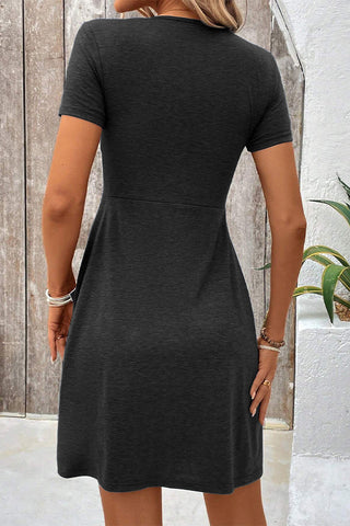 Solid Black Hook Design Short Sleeve Casual Dress