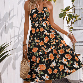 Floral Print Halter Neck Sleeveless Casual Dress