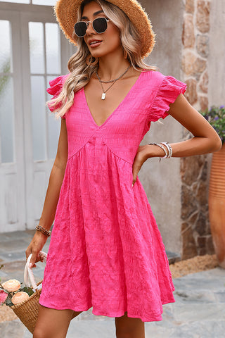 Solid Deep V Neck Ruffle Sleeve Mini Dress