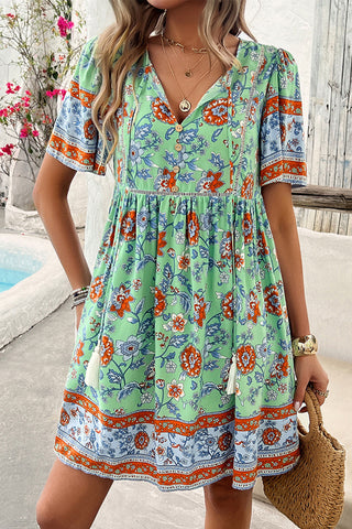 Floral Print V Neck Short Sleeve Mini Dress