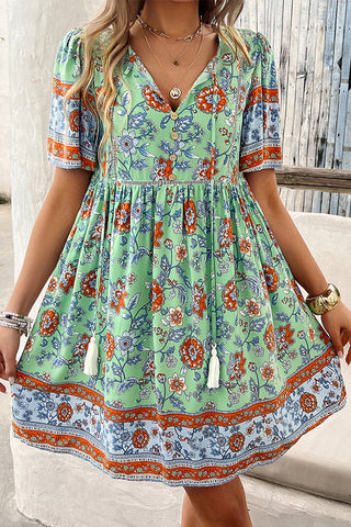 Floral Print V Neck Short Sleeve Mini Dress