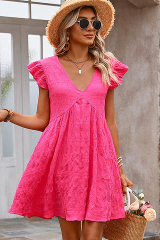 Solid Deep V Neck Ruffle Sleeve Mini Dress