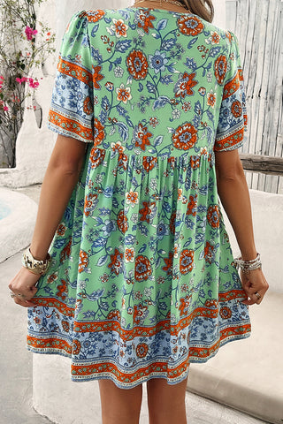 Floral Print V Neck Short Sleeve Mini Dress